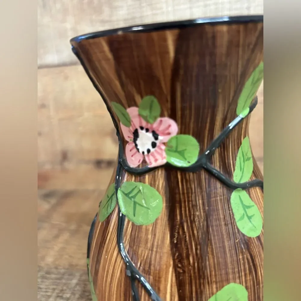 Vintage NSP Hand Painted Pottery Made in Italy Brown Floral 6.5” Pink Flowers